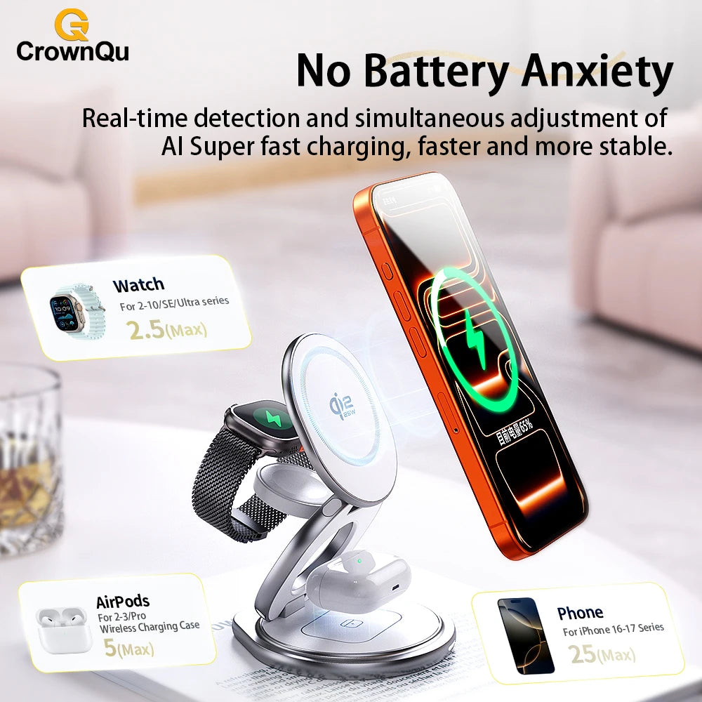 Qi2.2 25W Metal Magnetic Wireless Charger Fast Charging Station 360° Rotation Foldable for Iphone 17 16 15 Watch Airpods 3 in 1