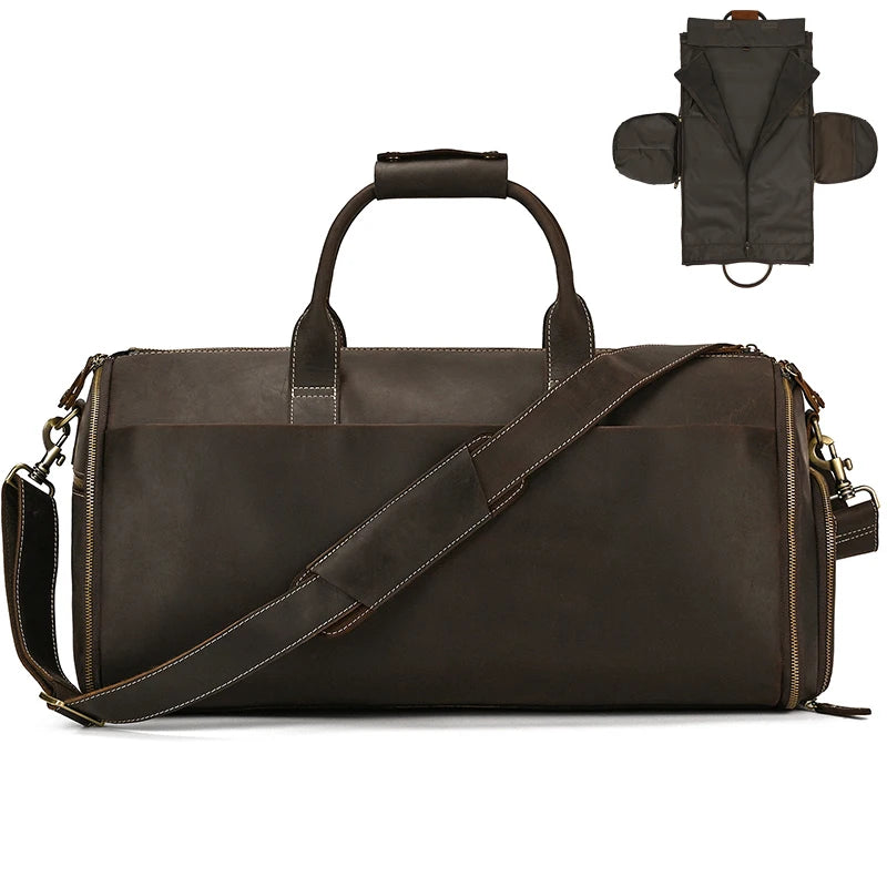 Crazy Horse Leather Travel Bag for Suits Shoes Garment Genuine Leather Man Folding Suit Bag Business Travel Bags on Luggage