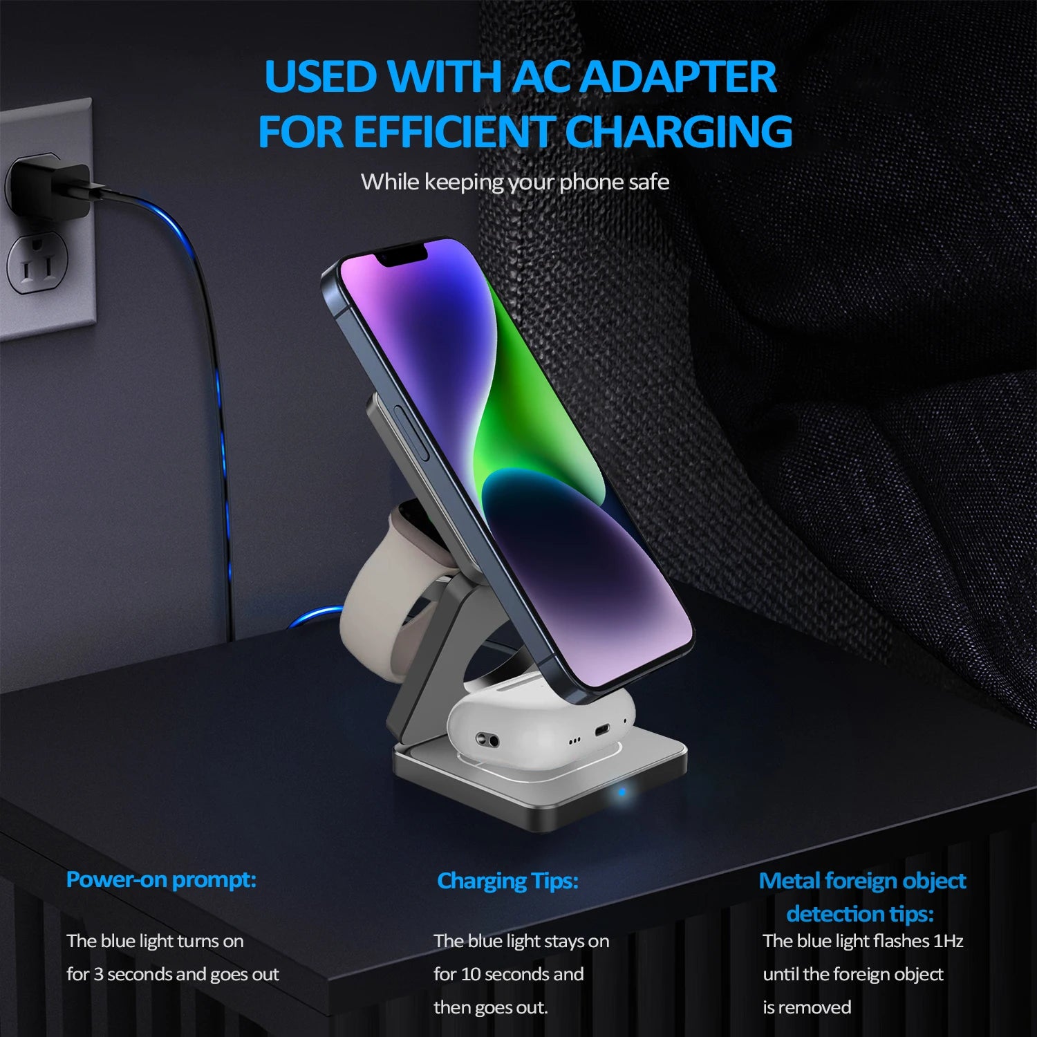 3 in 1 Magnetic Foldable Wireless Charger Stand for Iphone 15 14 13 12 Apple Watch 8 7 Airpods Pro Fast Charging Dock Station