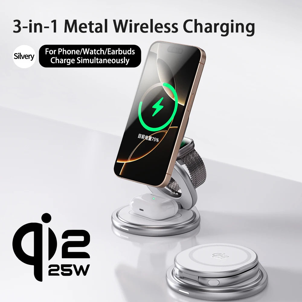 Qi2.2 25W Metal Magnetic Wireless Charger Fast Charging Station 360° Rotation Foldable for Iphone 17 16 15 Watch Airpods 3 in 1