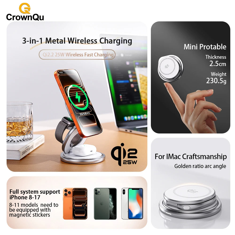Qi2.2 25W Metal Magnetic Wireless Charger Fast Charging Station 360° Rotation Foldable for Iphone 17 16 15 Watch Airpods 3 in 1