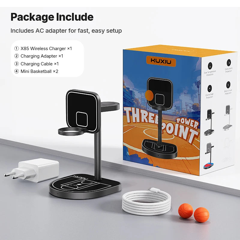 KUXIU X85 Magnetic Wireless Charging Stand Basketball Charging Holder for Iphone 17 16 15 14 13 Pro/Max,Apple Watch/Airpods
