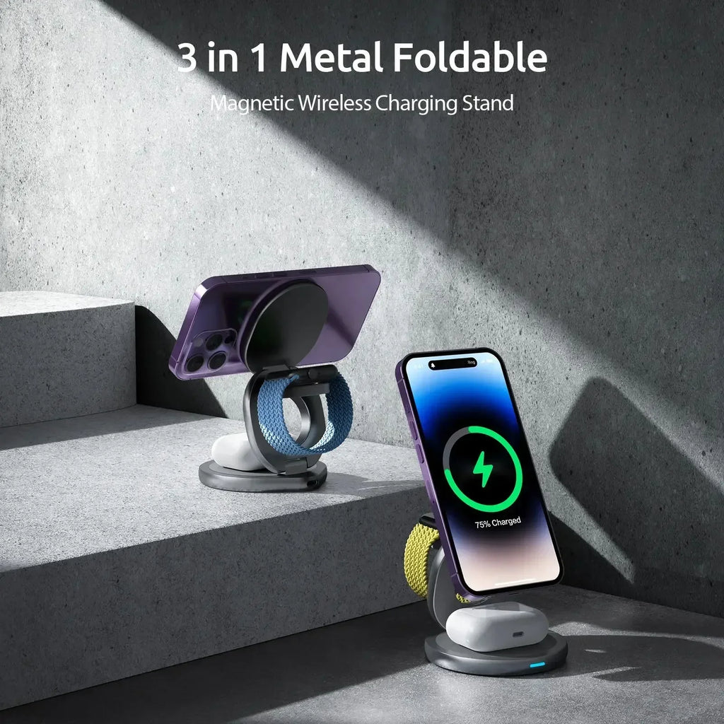 Magnetic Zinc Alloy Travel Portable Fast Wireless Charger Stand for Magsafe Iphone 16 15 14 13 12 Apple Watch 9 8 Airpods Pro