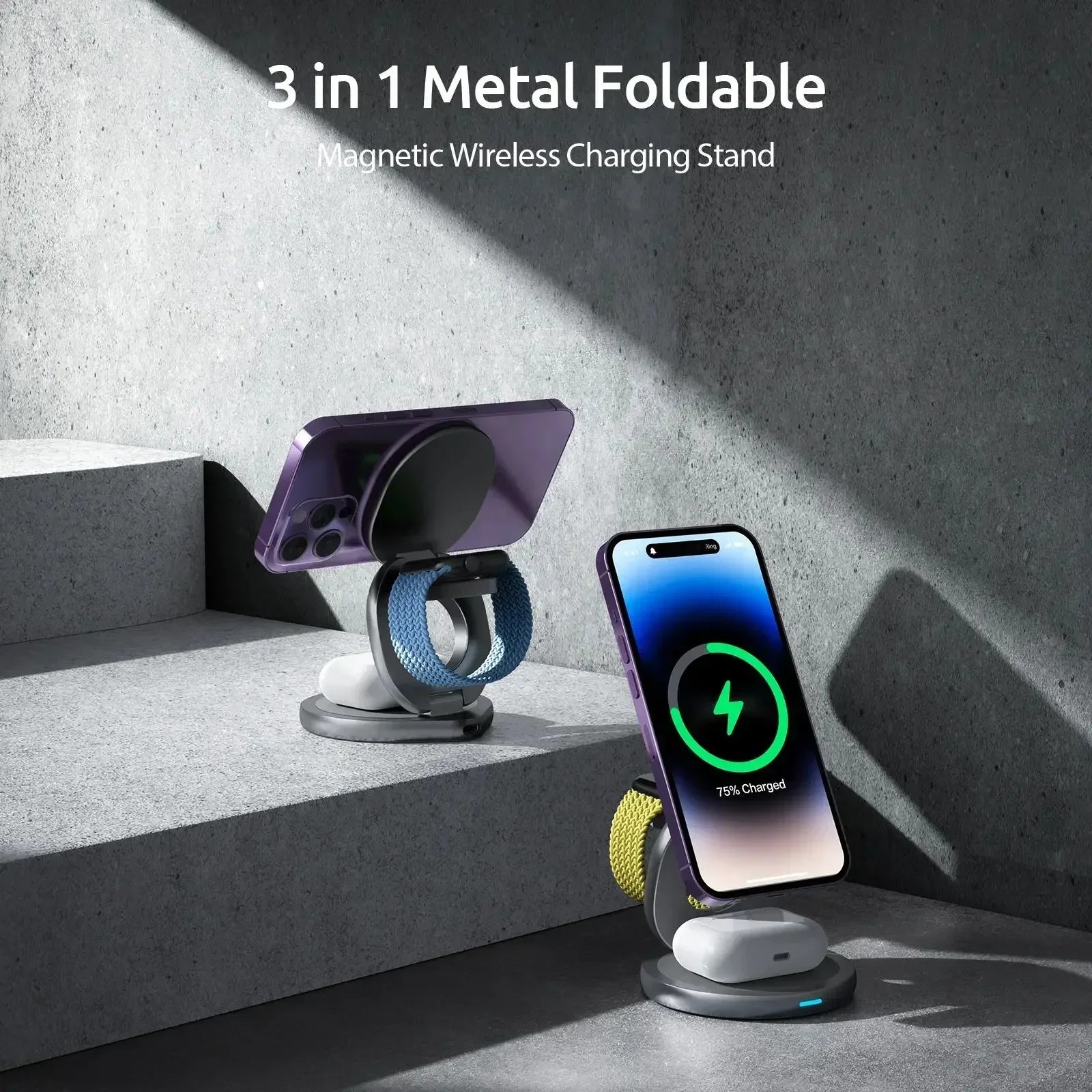 Magnetic Zinc Alloy Travel Portable Fast Wireless Charger Stand for Magsafe Iphone 16 15 14 13 12 Apple Watch 9 8 Airpods Pro