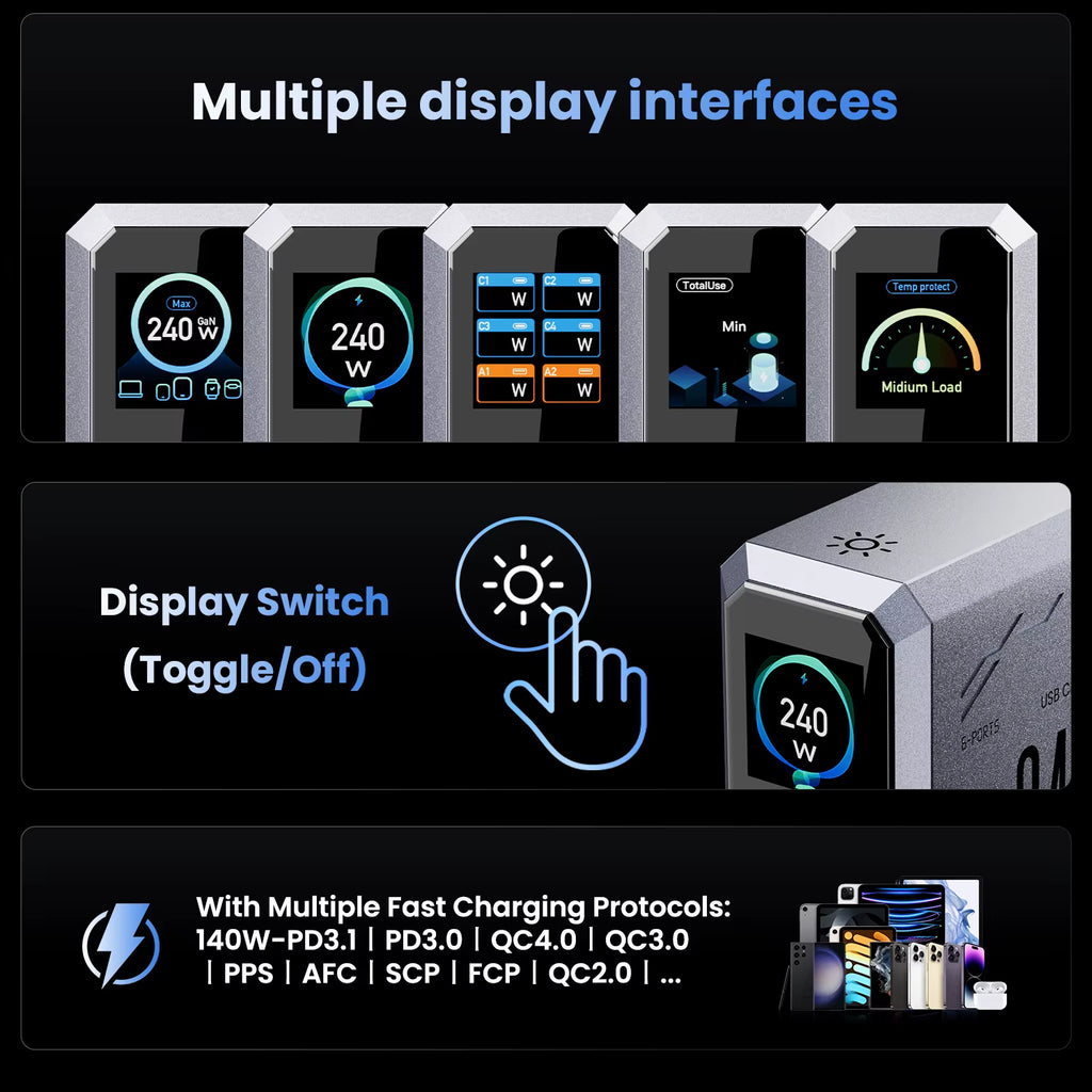 240W Digital Gan Charger PD3.1 140W USB Type C 6 Ports Desktop Fast Charging Station for Iphone Samsung Xiaomi Macbook Laptops