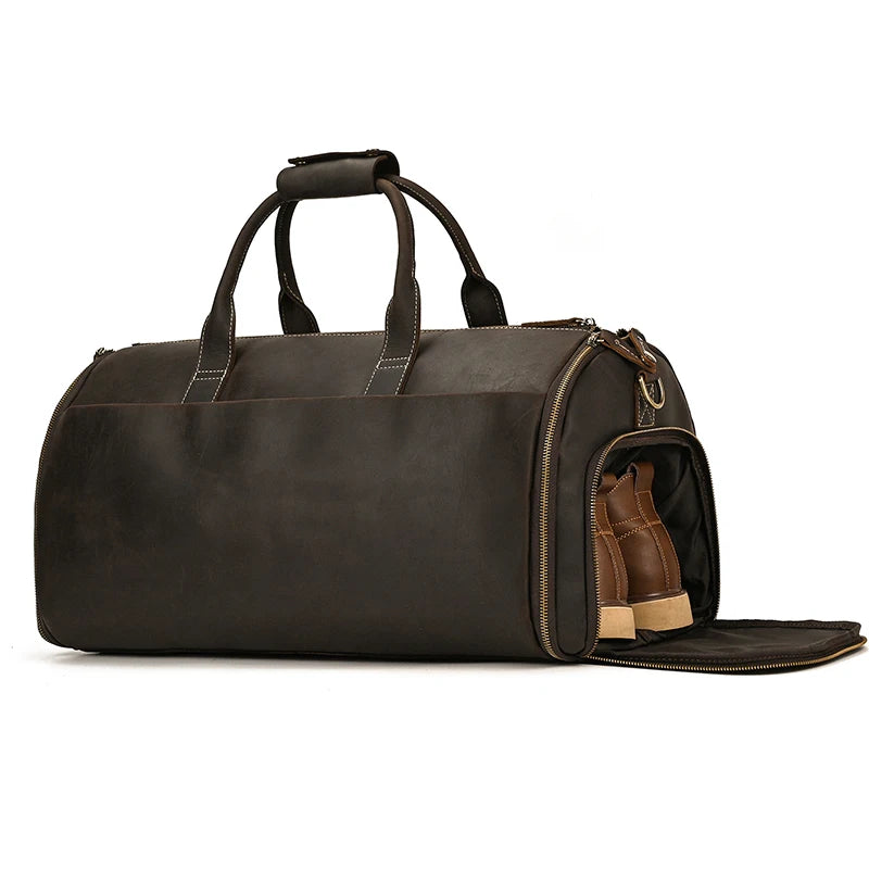 Crazy Horse Leather Travel Bag for Suits Shoes Garment Genuine Leather Man Folding Suit Bag Business Travel Bags on Luggage
