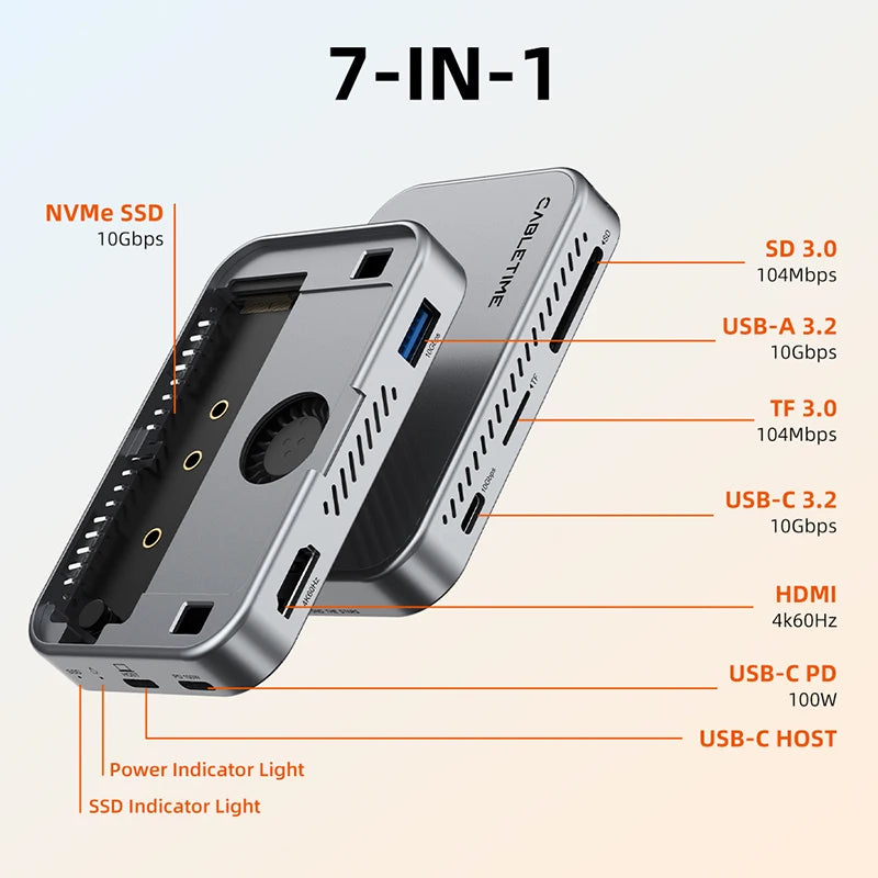 7 in 1 USB C HUB with Nvme SSD Magnetic 4K Prores Video Recording SD/TF 3.0 Strong Magnetic Attachment for Iphone 17