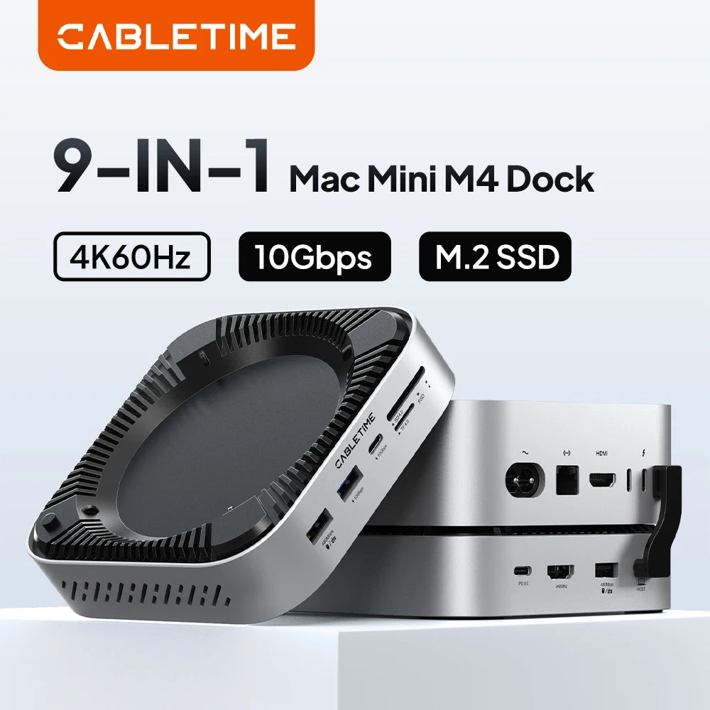 9 in 1 Mac Mini M4 Dock 4K@60Hz Resolution 10Gbps Fast Data Transmission M.2 SSD SD/TF 4.0 8TB Massive Storage