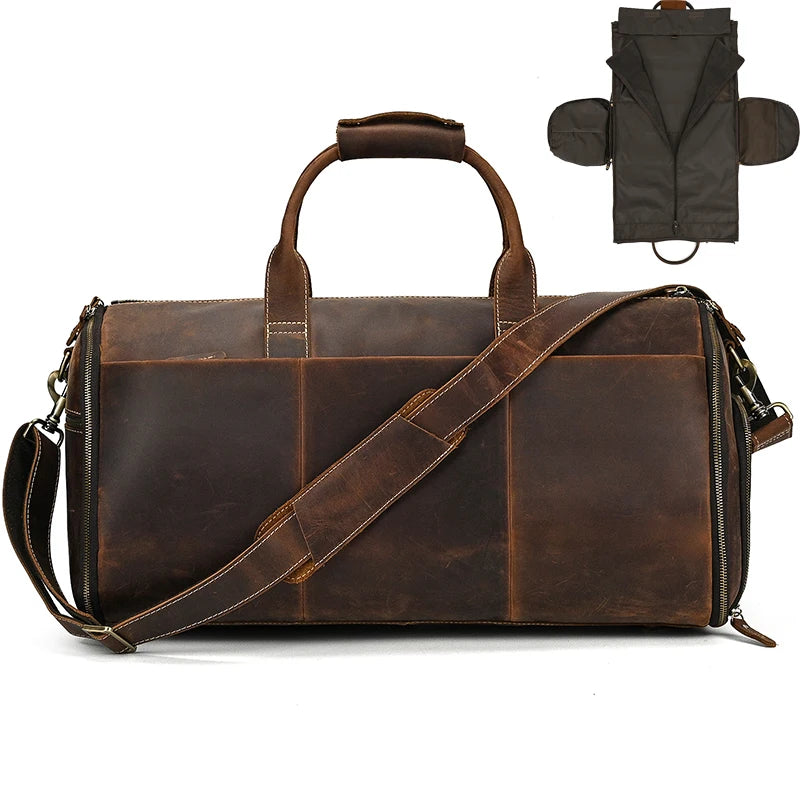 Crazy Horse Leather Travel Bag for Suits Shoes Garment Genuine Leather Man Folding Suit Bag Business Travel Bags on Luggage