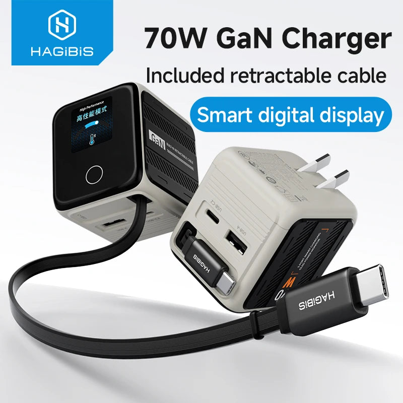 Retractable USB C Charger Foldable Plug 70W Gan Wall Charger with LED Display Fast Charging for Iphone 17 Ipad Macbook