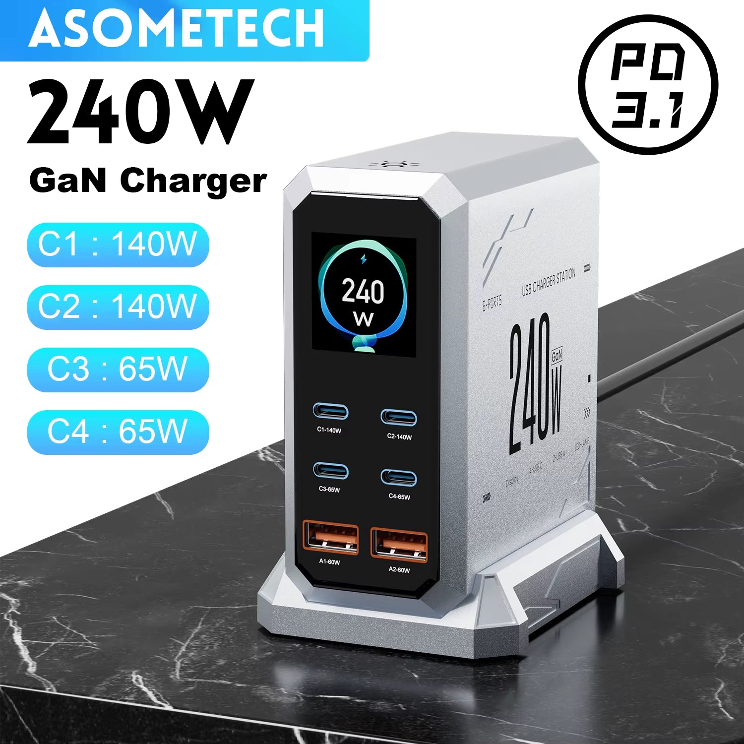 240W Digital Gan Charger PD3.1 140W USB Type C 6 Ports Desktop Fast Charging Station for Iphone Samsung Xiaomi Macbook Laptops
