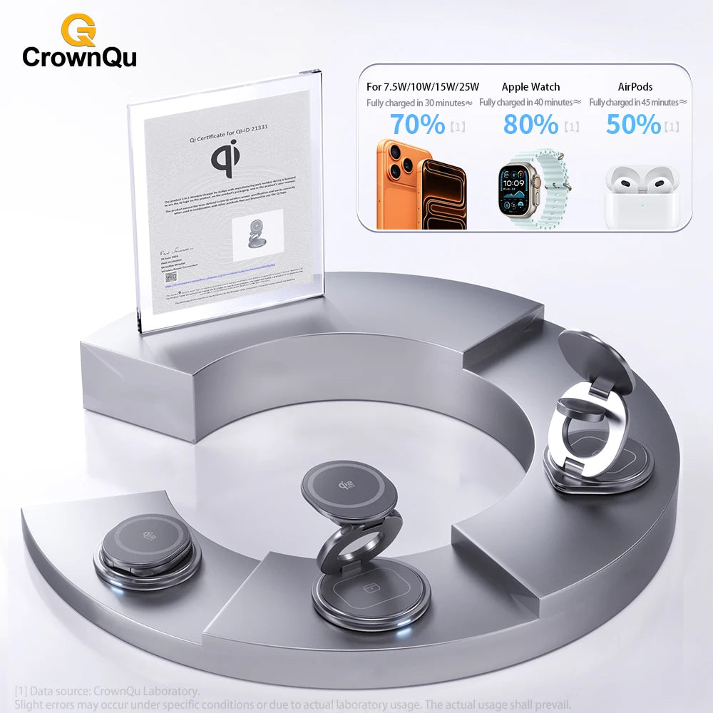Qi2.2 25W Metal Magnetic Wireless Charger Fast Charging Station 360° Rotation Foldable for Iphone 17 16 15 Watch Airpods 3 in 1
