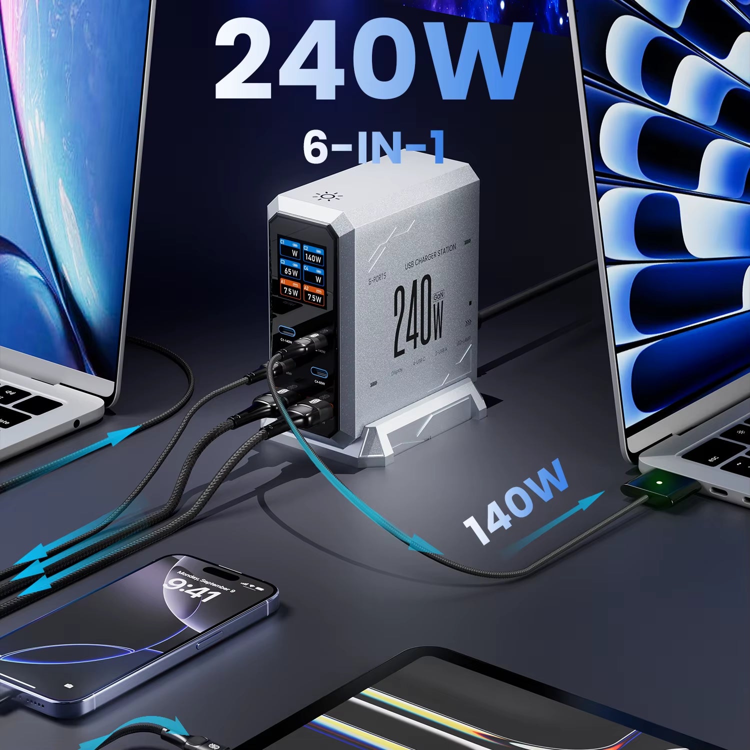 240W Digital Gan Charger PD3.1 140W USB Type C 6 Ports Desktop Fast Charging Station for Iphone Samsung Xiaomi Macbook Laptops