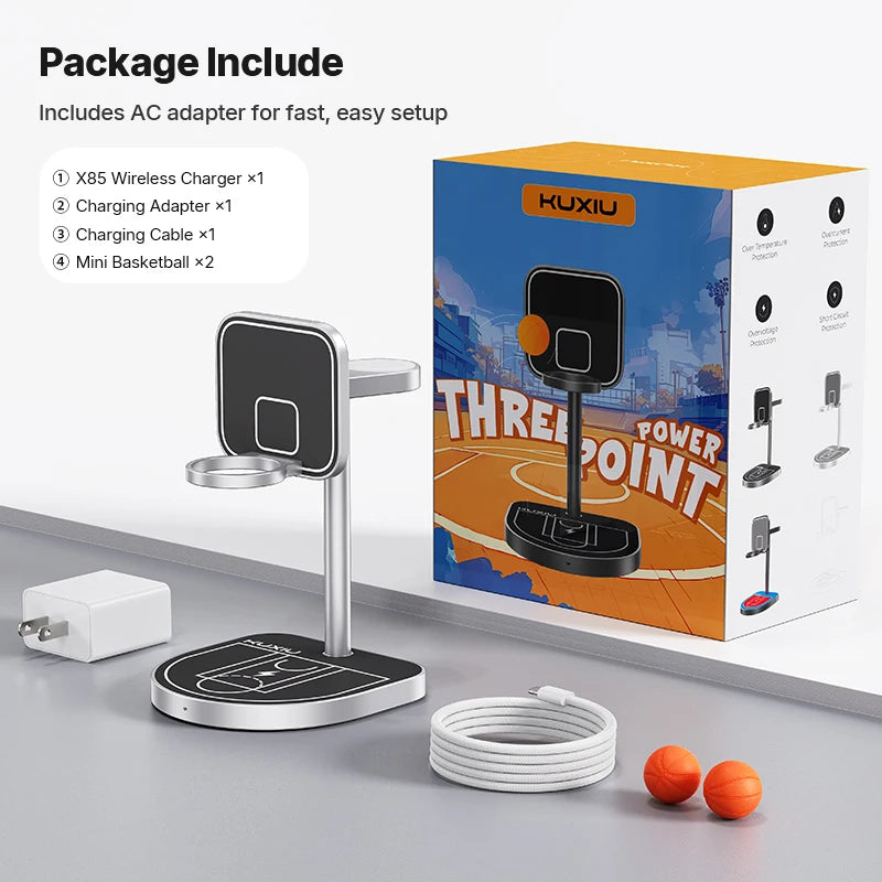 KUXIU X85 Magnetic Wireless Charging Stand Basketball Charging Holder for Iphone 17 16 15 14 13 Pro/Max,Apple Watch/Airpods