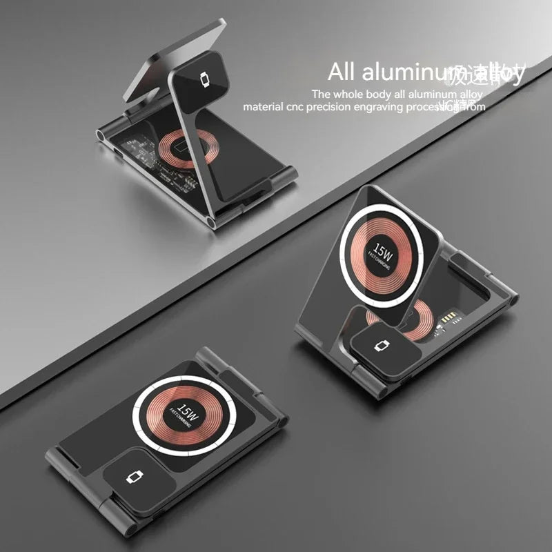 Foldable Transparent Magnetic Qi Wireless Charger Stand for Apple Watch 8 Iphone 14 13 12 Pro Airpods 30W Fast Wireless Charging