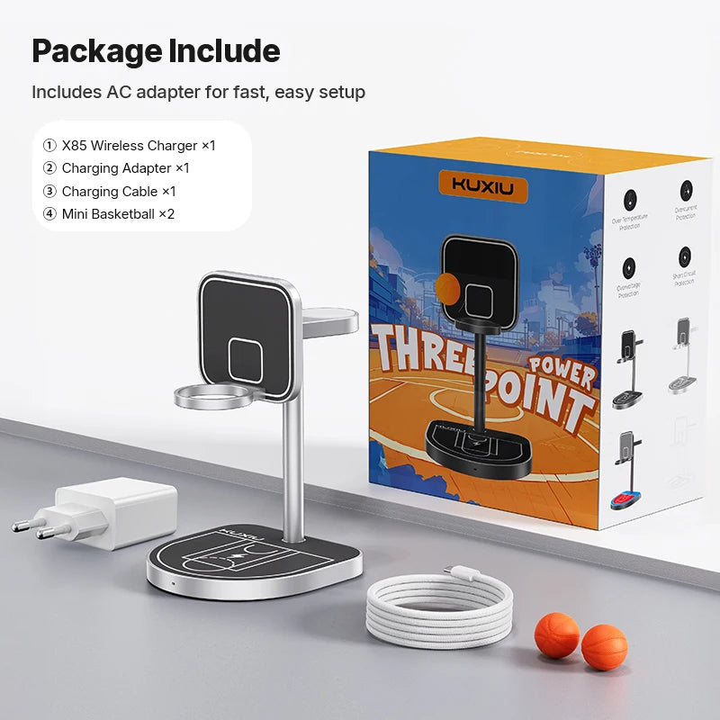 KUXIU X85 Magnetic Wireless Charging Stand Basketball Charging Holder for Iphone 17 16 15 14 13 Pro/Max,Apple Watch/Airpods