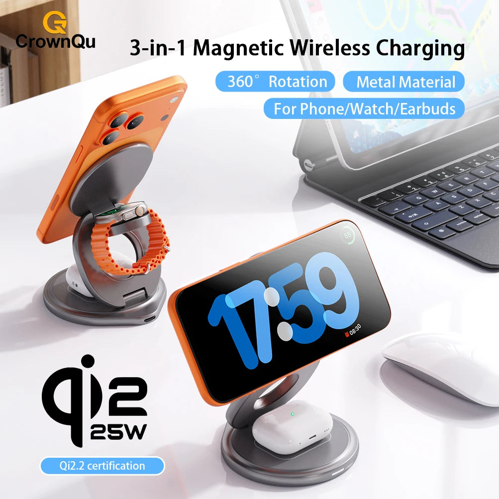 Qi2.2 25W Metal Magnetic Wireless Charger Fast Charging Station 360° Rotation Foldable for Iphone 17 16 15 Watch Airpods 3 in 1