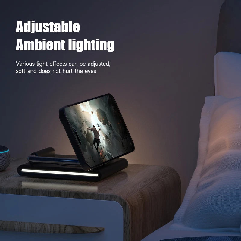 Foldable RGB Wireless Charger for Iphone 15 14 13 12 Pro LED Dock Station for Apple Watch S9 Ultra 2 Airpods Pro Iwatch Holder