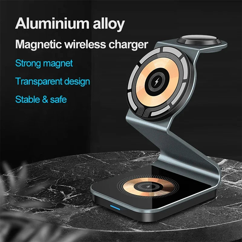 15W 3 in 1 Transparent Magnetic Wireless Charger Stand for Iphone 17 16 15 14 Pro Max Apple Watch8 Airpods Fast Charging Station
