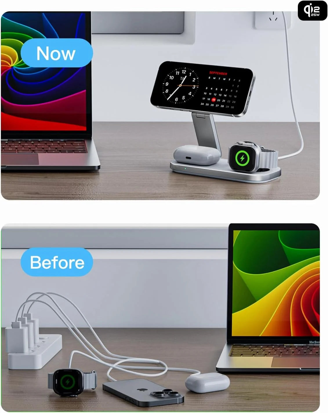 3-In-1 Charging Station for Apple Device,Qi2 15W Magnetic Wireless Foldable Fast Charger Stand Magsafe for Iphone Air/17/16/15