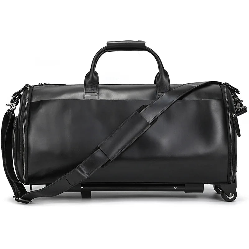 Men Genuine Leather Wheeled Suit Bag, 22In Crazy Horse Cowhide Rolling Duffel with Shoe Compartment Large Storage Handbag