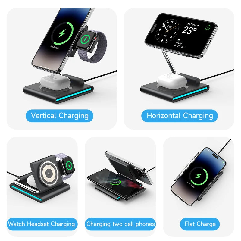 Foldable RGB Wireless Charger for Iphone 15 14 13 12 Pro LED Dock Station for Apple Watch S9 Ultra 2 Airpods Pro Iwatch Holder
