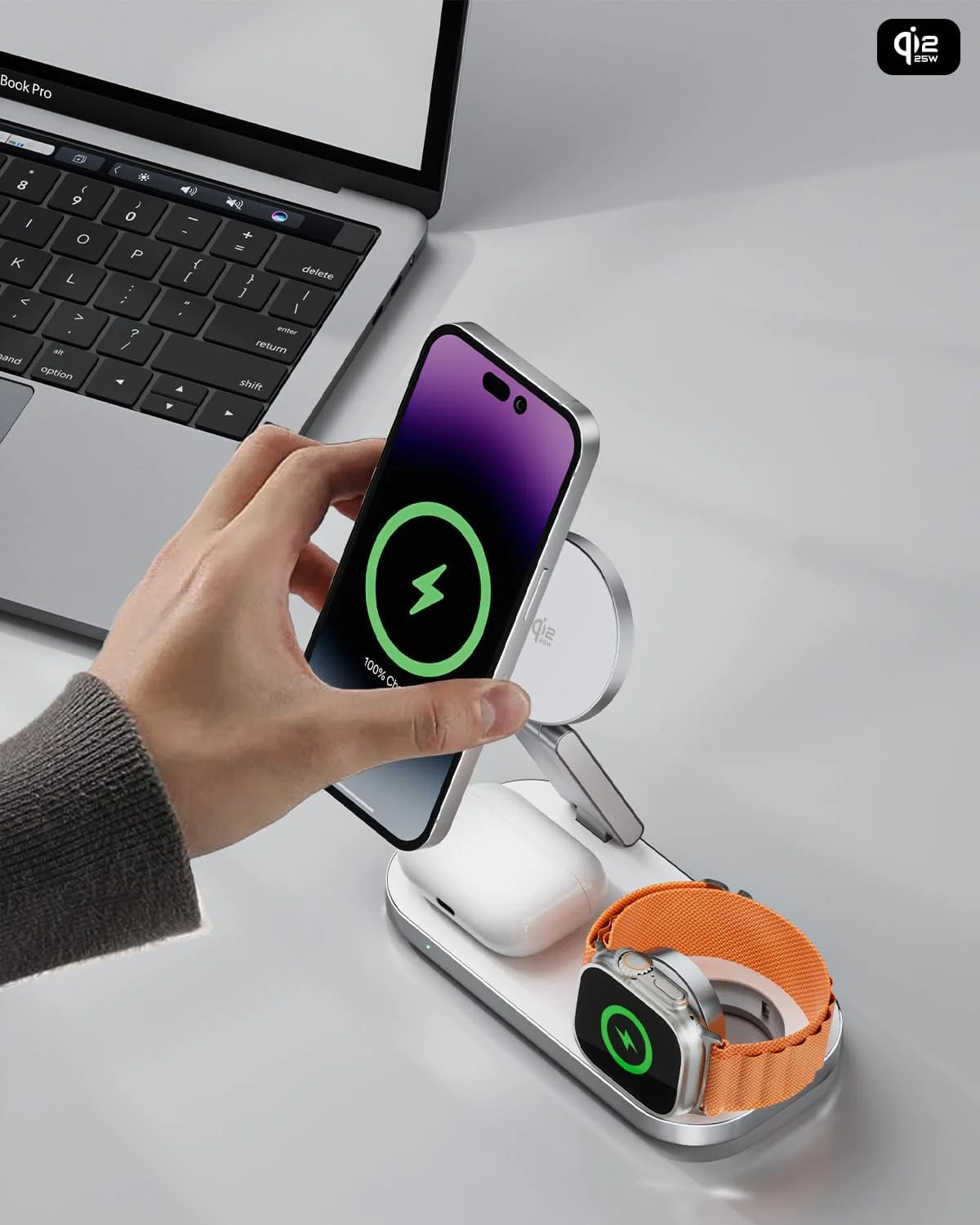 3-In-1 Charging Station for Apple Device,Qi2 15W Magnetic Wireless Foldable Fast Charger Stand Magsafe for Iphone Air/17/16/15