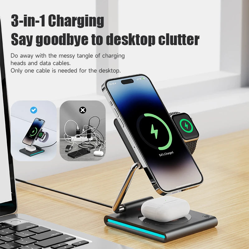 Foldable RGB Wireless Charger for Iphone 15 14 13 12 Pro LED Dock Station for Apple Watch S9 Ultra 2 Airpods Pro Iwatch Holder
