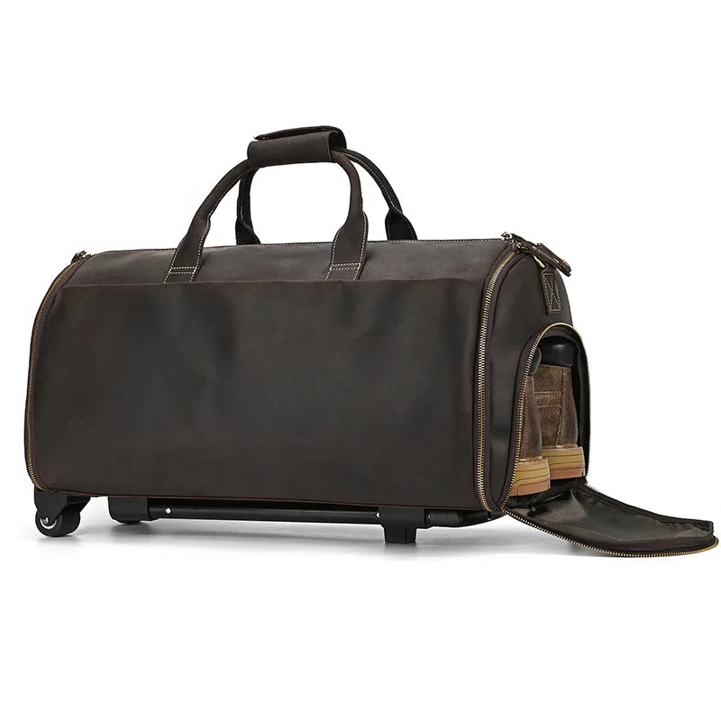 Men Genuine Leather Wheeled Suit Bag, 22In Crazy Horse Cowhide Rolling Duffel with Shoe Compartment Large Storage Handbag