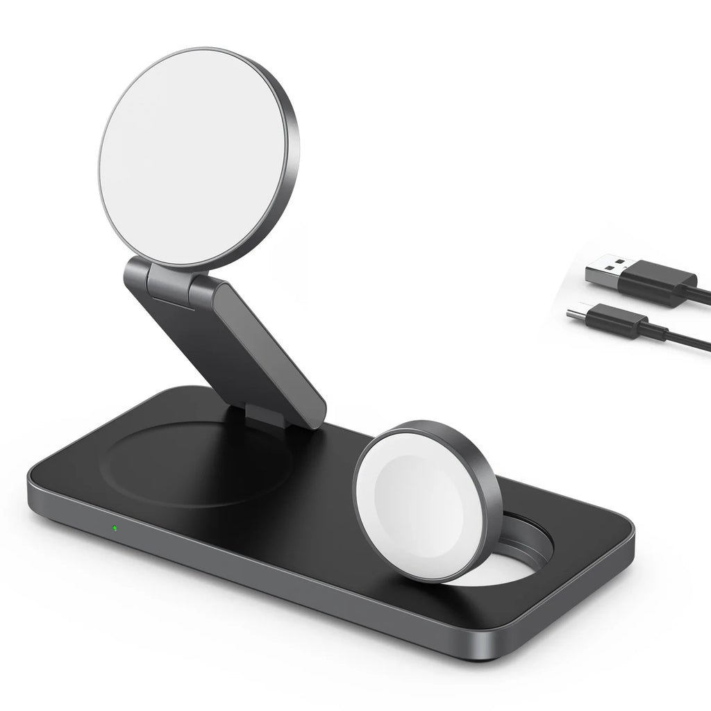 3-In-1 Charging Station for Apple Device,Qi2 15W Magnetic Wireless Foldable Fast Charger Stand Magsafe for Iphone Air/17/16/15