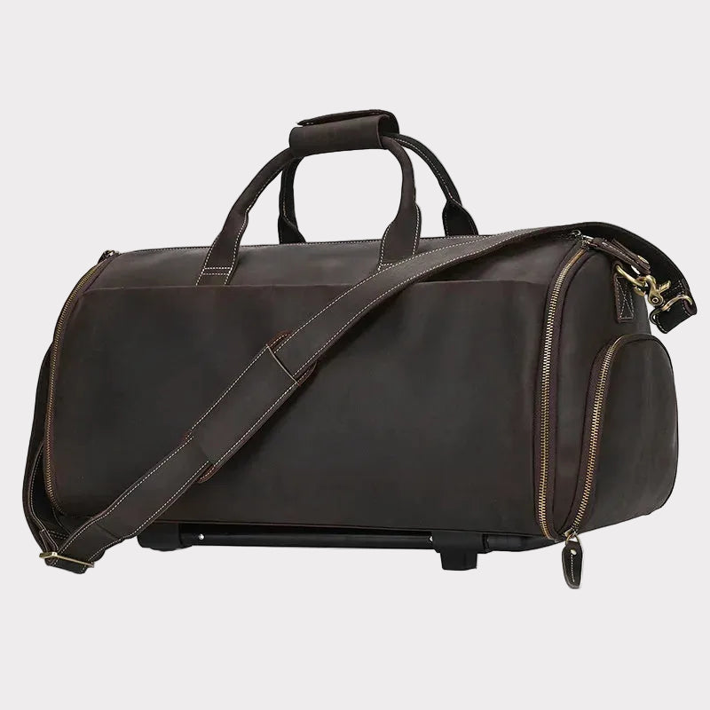 Men Genuine Leather Wheeled Suit Bag, 22In Crazy Horse Cowhide Rolling Duffel with Shoe Compartment Large Storage Handbag
