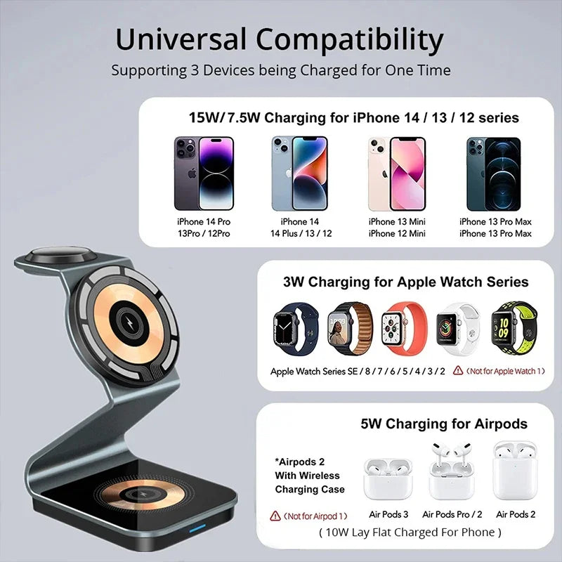 15W 3 in 1 Transparent Magnetic Wireless Charger Stand for Iphone 17 16 15 14 Pro Max Apple Watch8 Airpods Fast Charging Station
