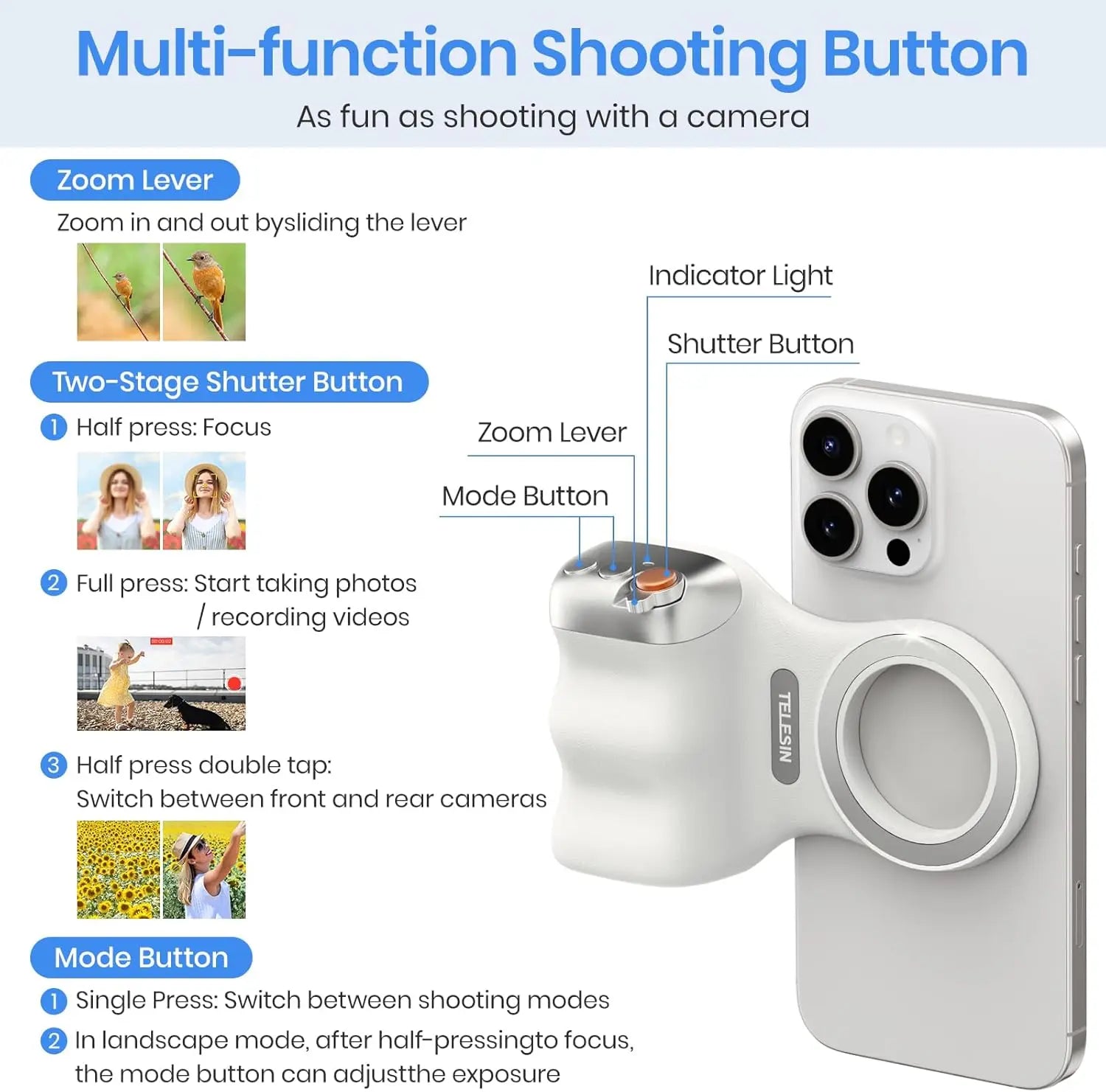 Magnetic Phone Camera Grip Smartphone Shooting Holder Selfie Handle Snap with Wireless Shutter Button Remote for Iphone Samsung