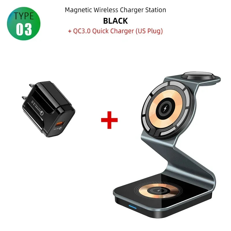 15W 3 in 1 Transparent Magnetic Wireless Charger Stand for Iphone 17 16 15 14 Pro Max Apple Watch8 Airpods Fast Charging Station