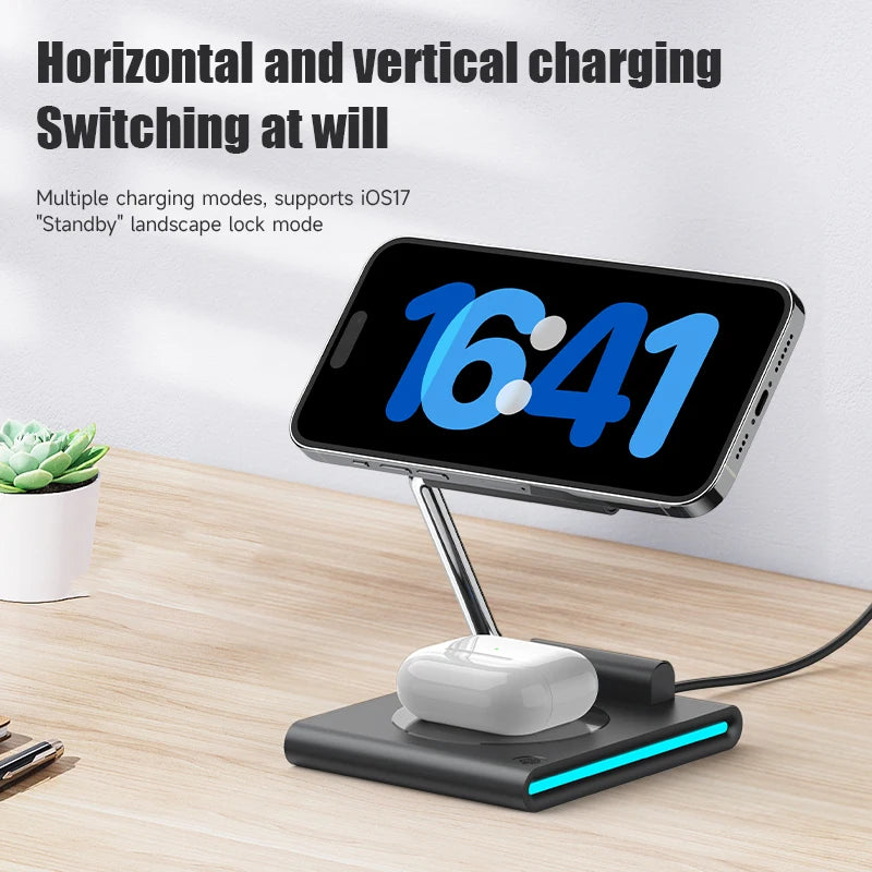 Foldable RGB Wireless Charger for Iphone 15 14 13 12 Pro LED Dock Station for Apple Watch S9 Ultra 2 Airpods Pro Iwatch Holder