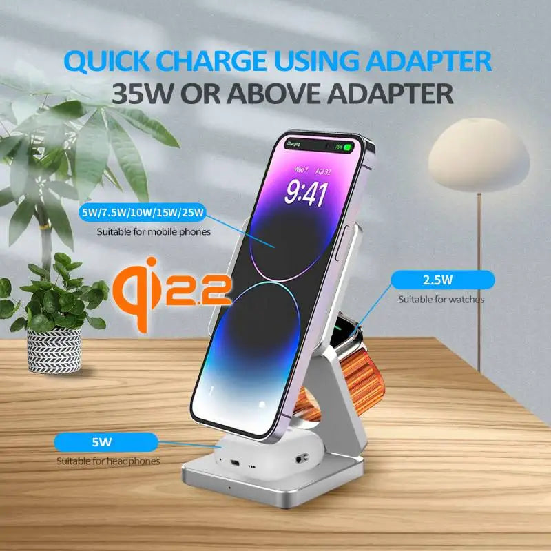 Qi2.2 25W 3-In-1 Foldable Magnetic Wireless Charging Stand for Iphone 17 16 15 14/Iwatch/Airpod Portable Travel Charger Station