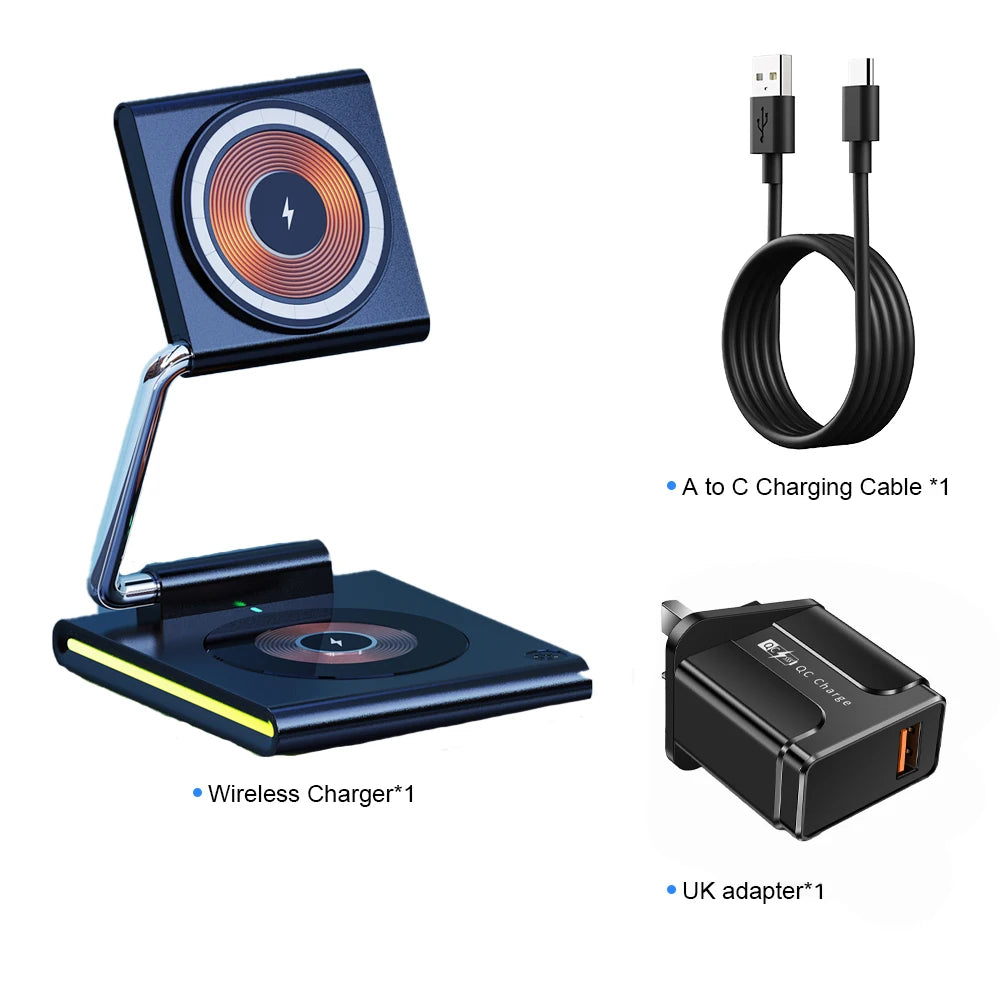 Foldable RGB Wireless Charger for Iphone 15 14 13 12 Pro LED Dock Station for Apple Watch S9 Ultra 2 Airpods Pro Iwatch Holder