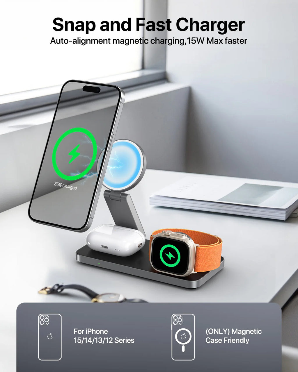 3-In-1 Charging Station for Apple Device,Qi2 15W Magnetic Wireless Foldable Fast Charger Stand Magsafe for Iphone Air/17/16/15
