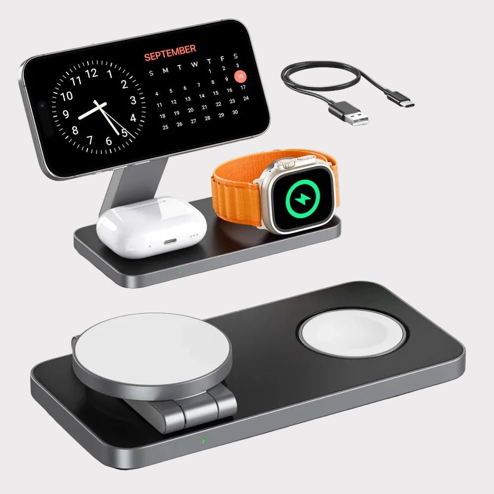 3-In-1 Charging Station for Apple Device,Qi2 15W Magnetic Wireless Foldable Fast Charger Stand Magsafe for Iphone Air/17/16/15