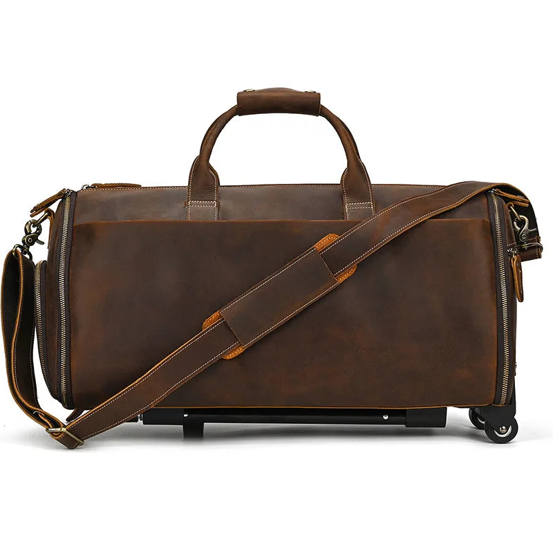 Men Genuine Leather Wheeled Suit Bag, 22In Crazy Horse Cowhide Rolling Duffel with Shoe Compartment Large Storage Handbag