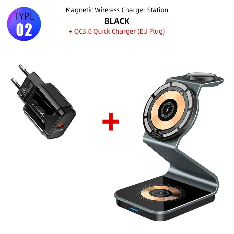 15W 3 in 1 Transparent Magnetic Wireless Charger Stand for Iphone 17 16 15 14 Pro Max Apple Watch8 Airpods Fast Charging Station