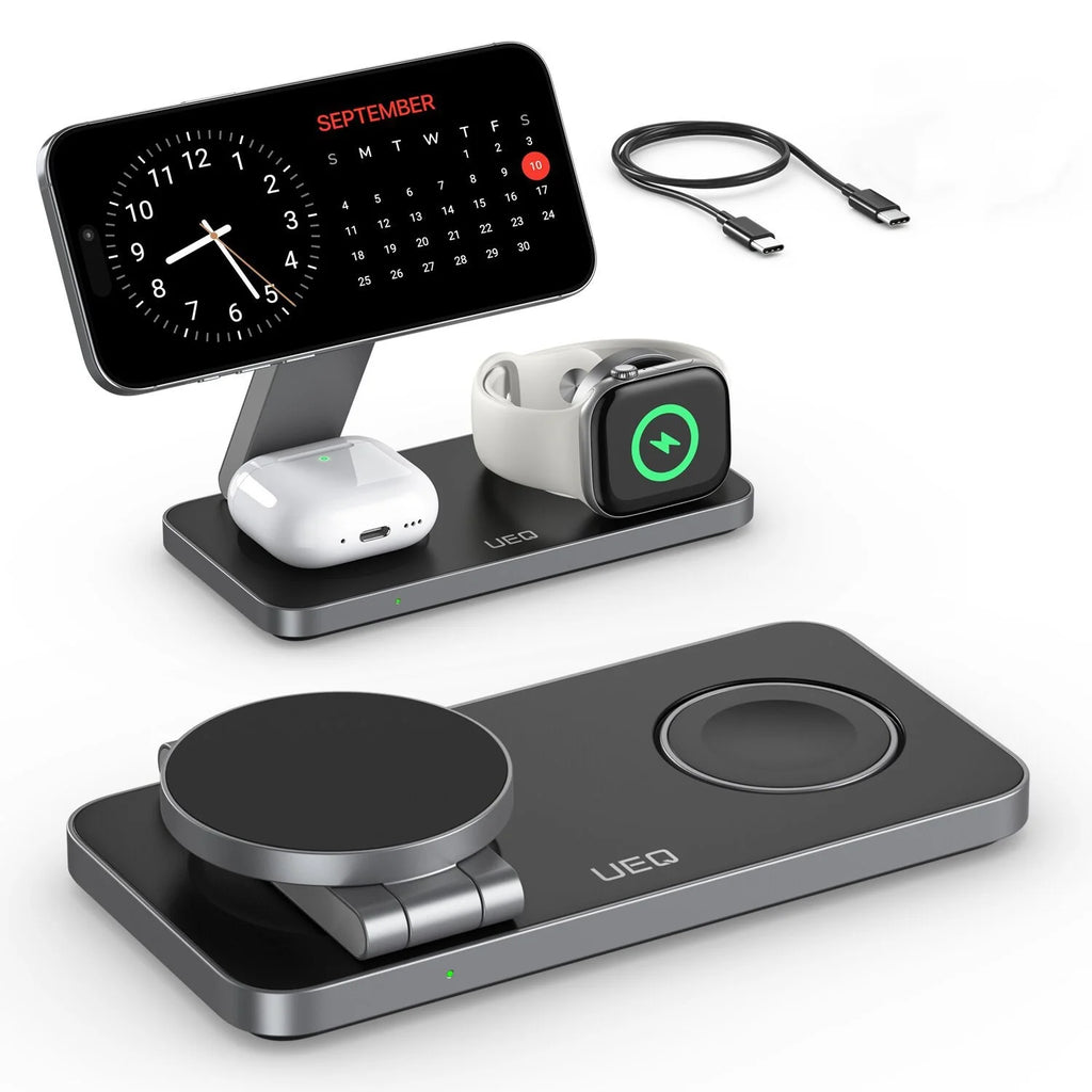 3-In-1 Charging Station for Apple Device,Qi2 15W Magnetic Wireless Foldable Fast Charger Stand Magsafe for Iphone Air/17/16/15