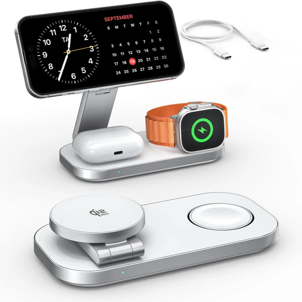 3-In-1 Charging Station for Apple Device,Qi2 15W Magnetic Wireless Foldable Fast Charger Stand Magsafe for Iphone Air/17/16/15