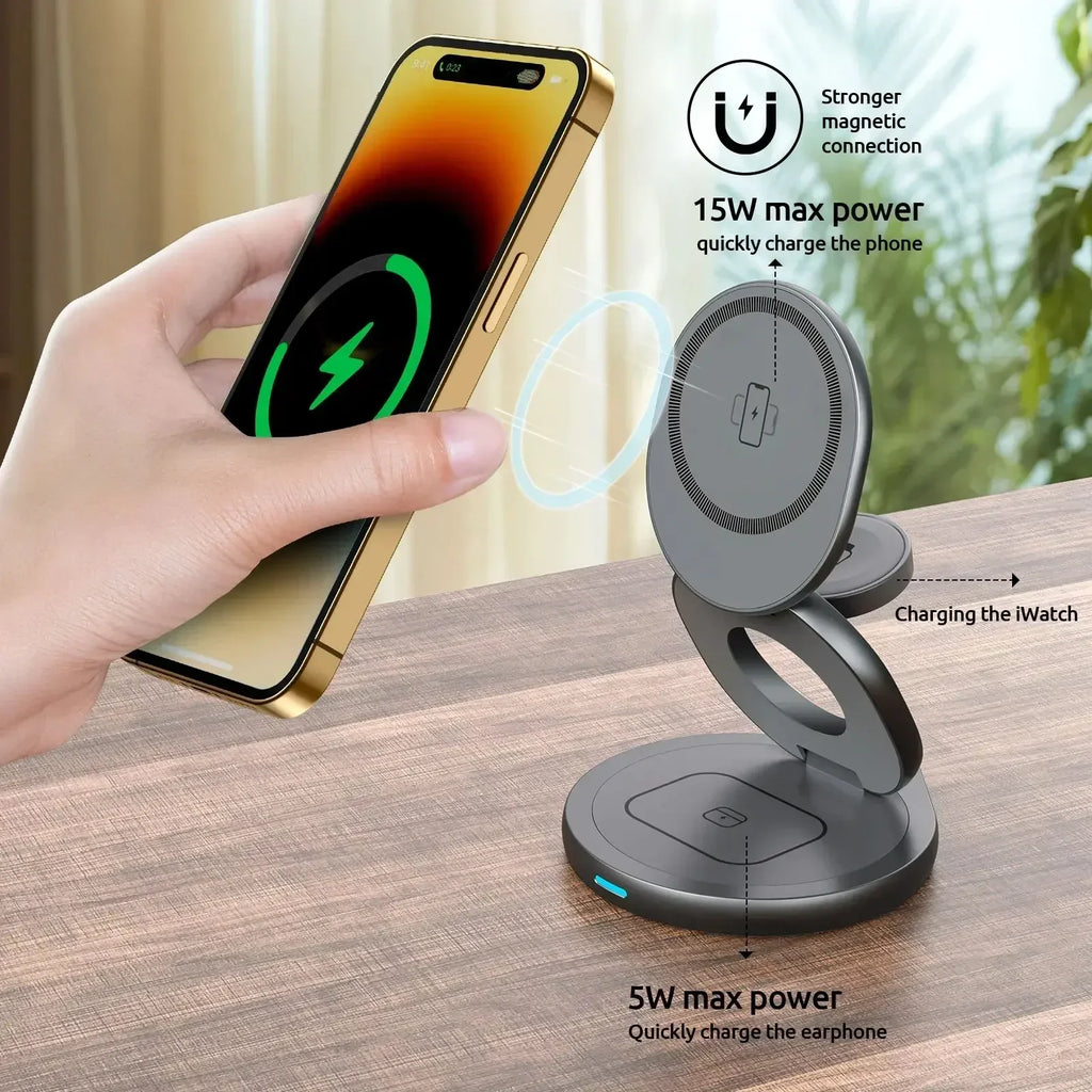 Magnetic Zinc Alloy Travel Portable Fast Wireless Charger Stand for Magsafe Iphone 16 15 14 13 12 Apple Watch 9 8 Airpods Pro