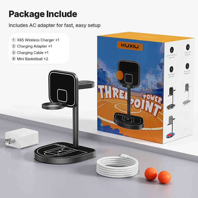 KUXIU X85 Magnetic Wireless Charging Stand Basketball Charging Holder for Iphone 17 16 15 14 13 Pro/Max,Apple Watch/Airpods