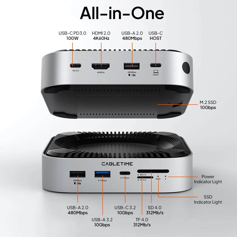 9 in 1 Mac Mini M4 Dock 4K@60Hz Resolution 10Gbps Fast Data Transmission M.2 SSD SD/TF 4.0 8TB Massive Storage
