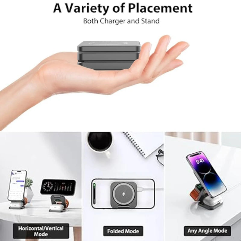 3 in 1 Magnetic Foldable Wireless Charger Stand for Iphone 15 14 13 12 Apple Watch 8 7 Airpods Pro Fast Charging Dock Station