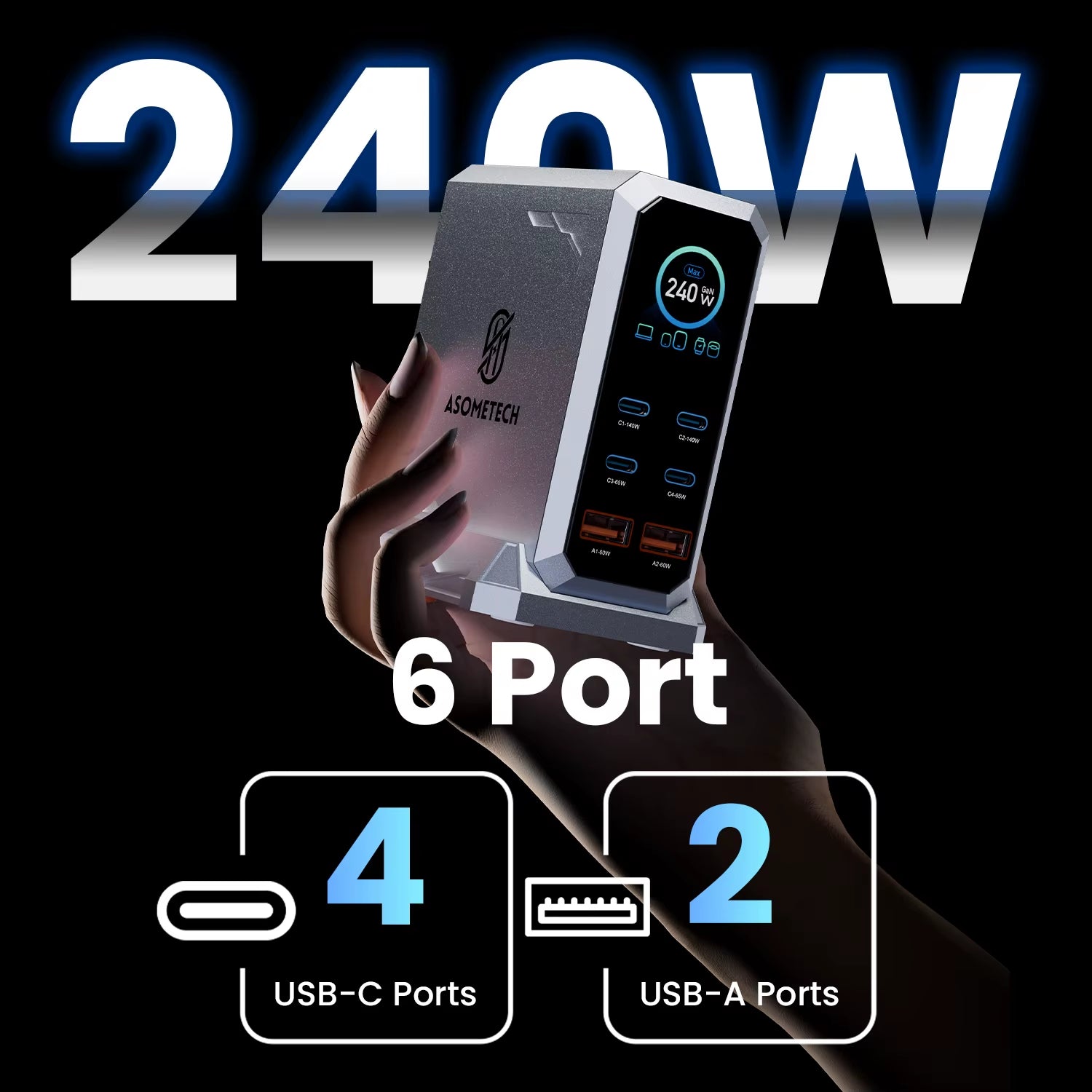 240W Digital Gan Charger PD3.1 140W USB Type C 6 Ports Desktop Fast Charging Station for Iphone Samsung Xiaomi Macbook Laptops
