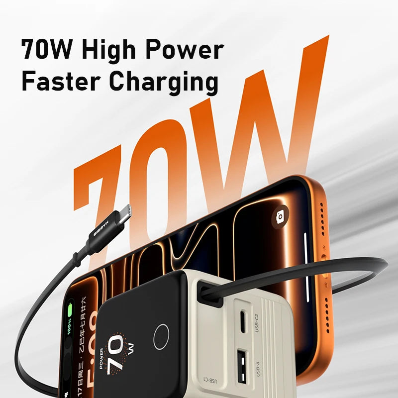 Retractable USB C Charger Foldable Plug 70W Gan Wall Charger with LED Display Fast Charging for Iphone 17 Ipad Macbook