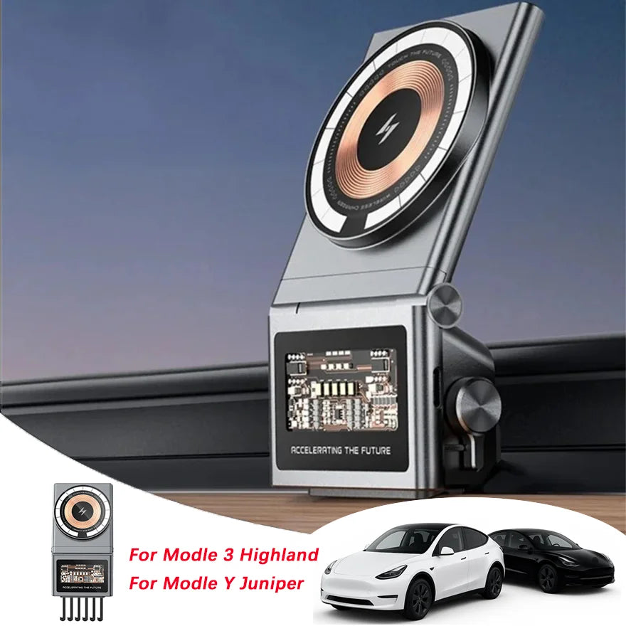 Model 3 Y Highland Juniper 2025 Strong Magnetic Wireless Charging Adjustable Metal Car Phone Holder with Silicone Base